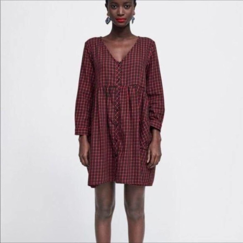 Zara Classic Red Green Plaid Button Front Oversized Babydoll Dress